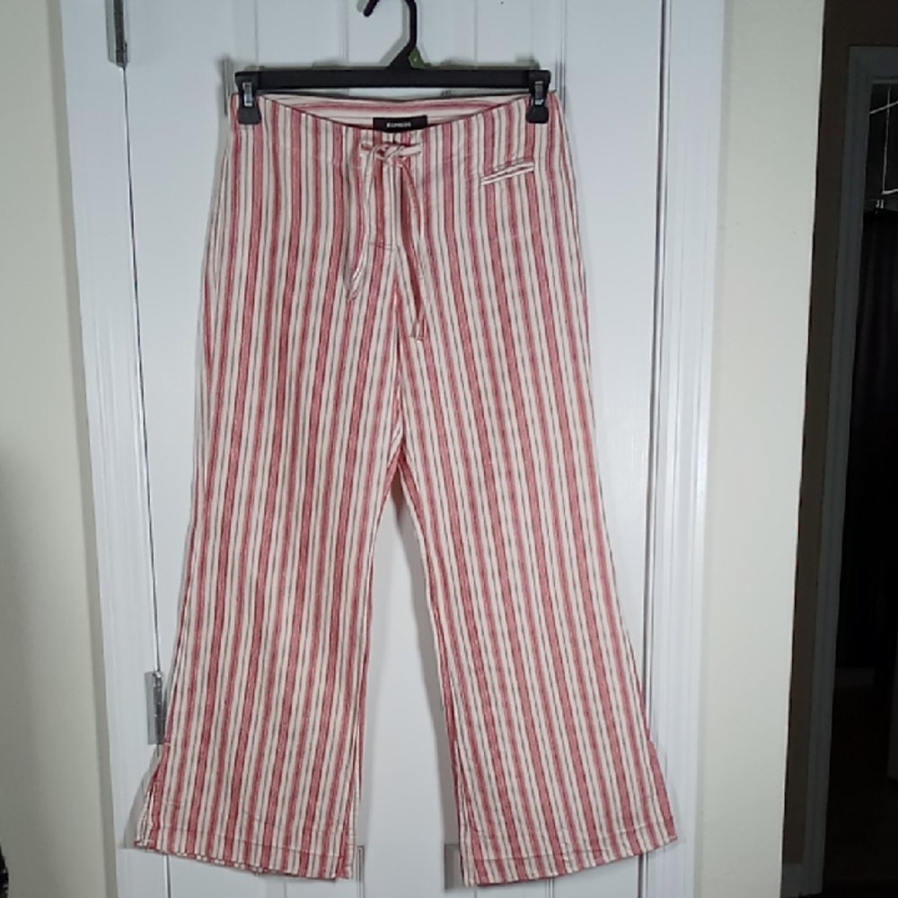 Vintage Express Linen/Cotton Pants Size 1/2 Red/Cream Stripe Hip Huggers